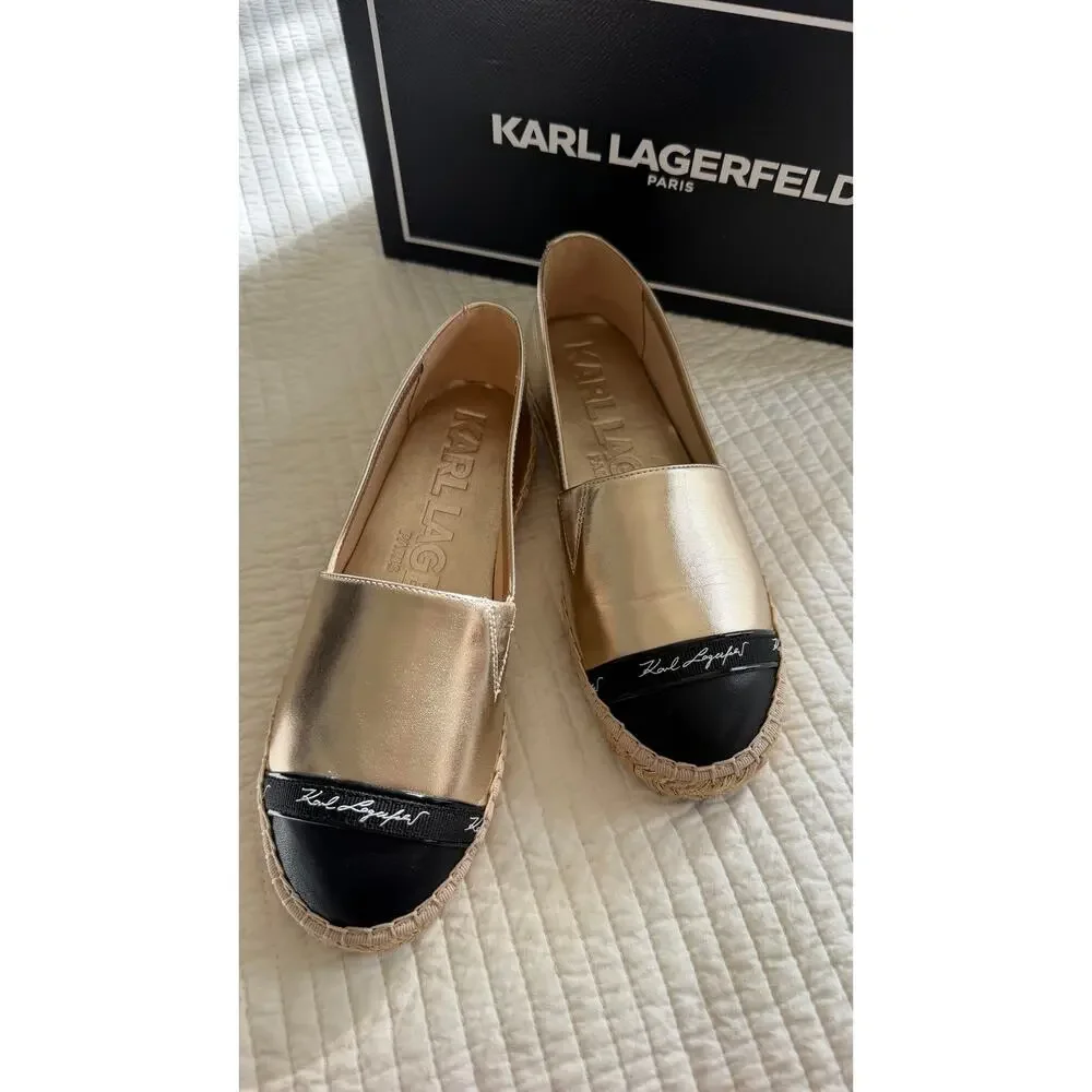 Karl Lagerfeld Paris Gold Metallic Espadrille Flats Size 6 New in Box. $109